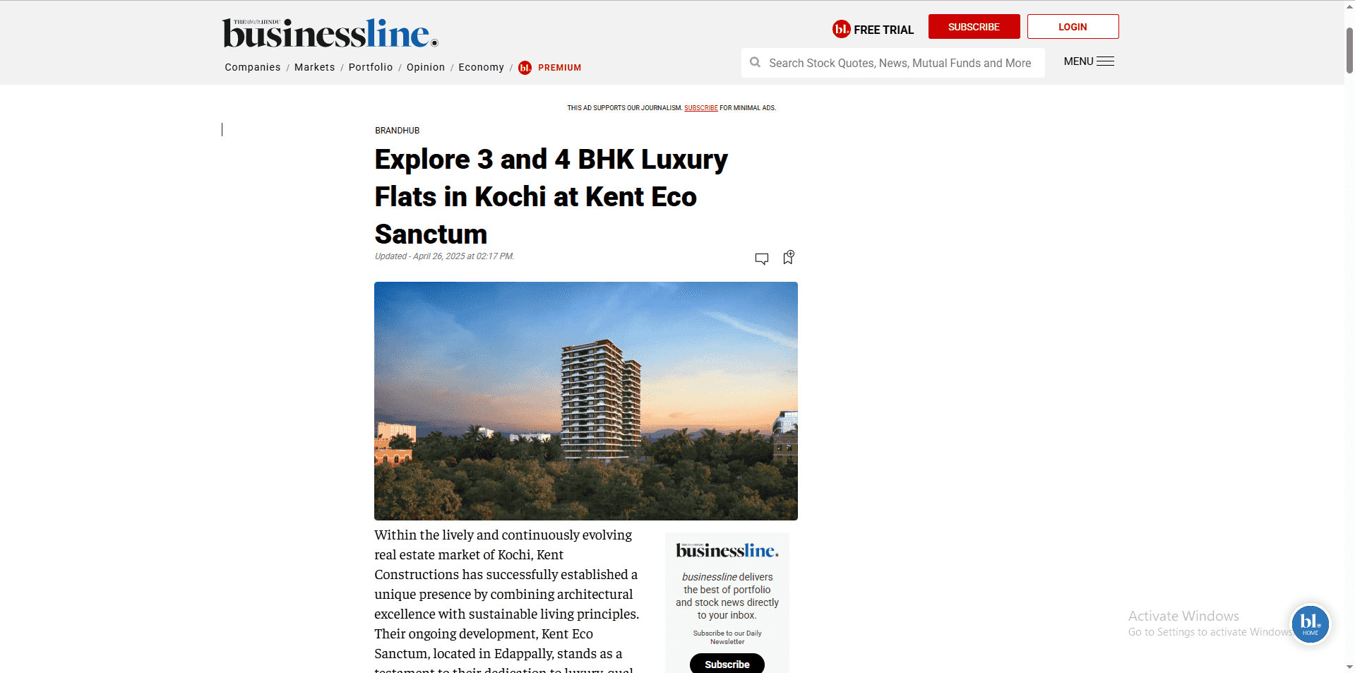 Spotlight in The Hindu Business Line - Kent Eco Sanctum